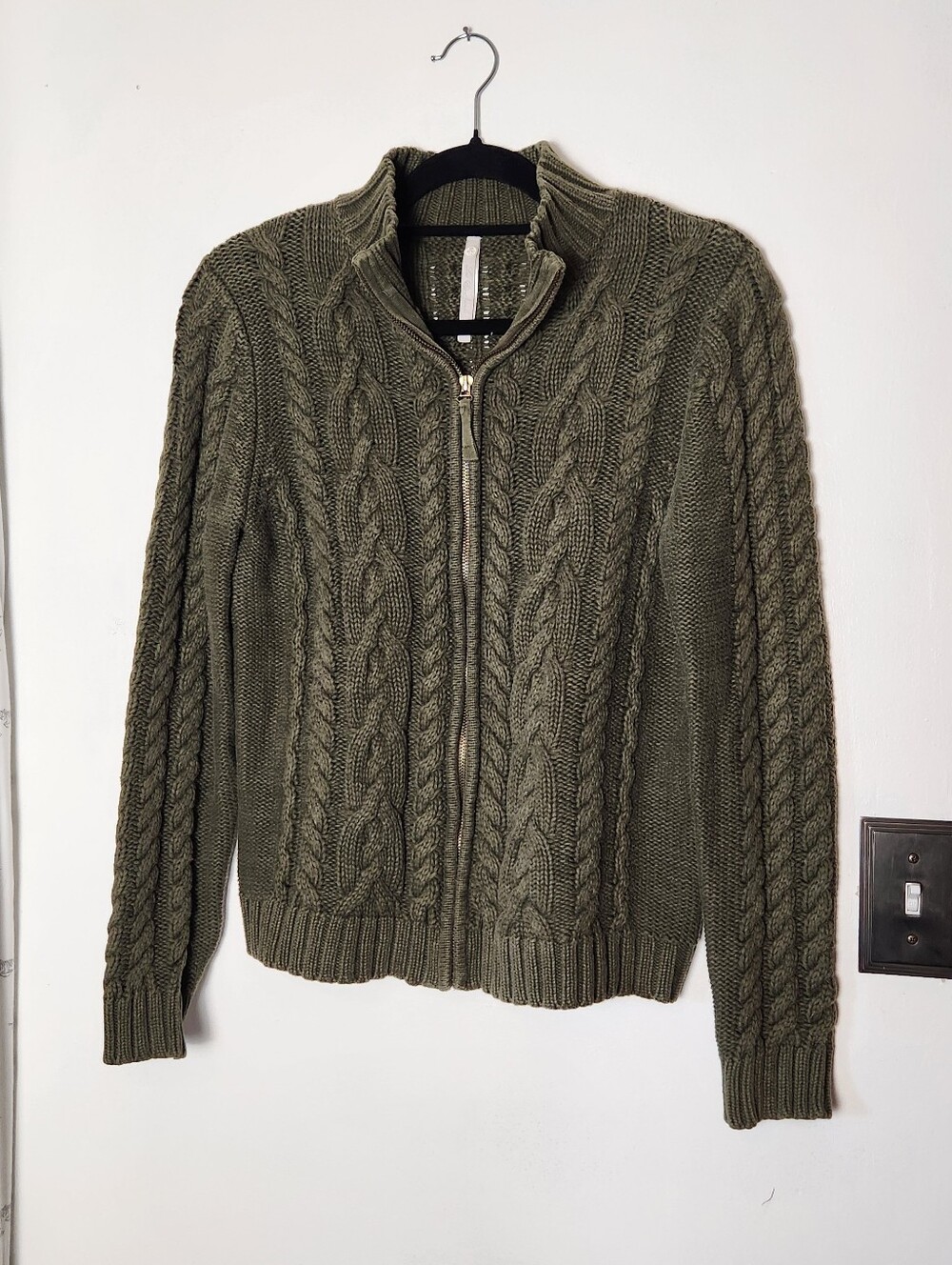 Leo & Nicole Green Cotton Cableknit Zip Up Cardigan Size S